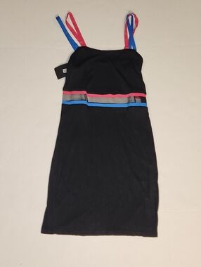 NWT VTG Y2K Black Bodycon Mini Dress with Hot Pink Bright Blue Straps Medium M